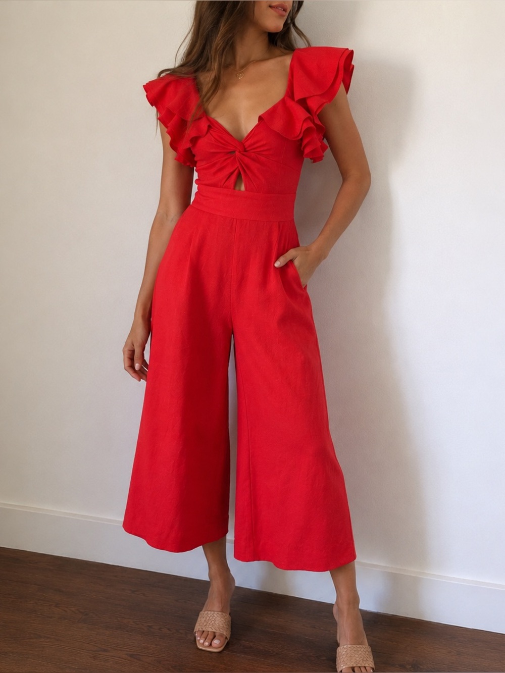 Lulus Bright Here Bright Now Red Ruffle Culotte Jumpsuit XS
